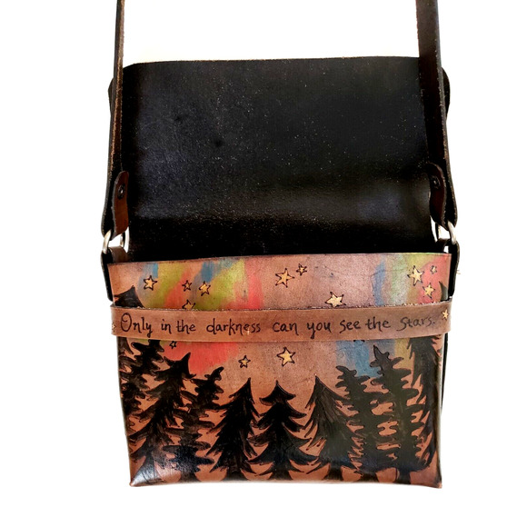 Handpainted Leather Cross Body Handbag Northern Lights Trees Stars MLK Quote - Picture 5 of 6